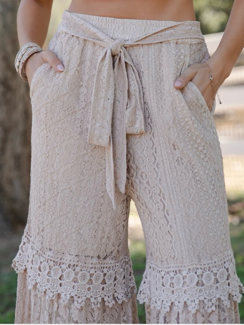 NWT: Young Threads “Desert Dream Cloud” Bohemian Lace Tiered Wide Leg Pants• S - Picture 4 of 7